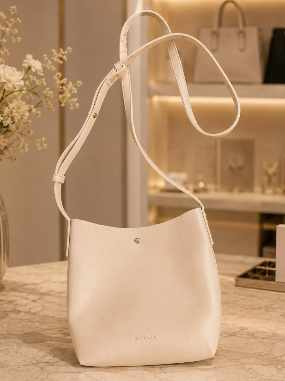 SAMARA Beige Crossbody Bucket Bag 8x8